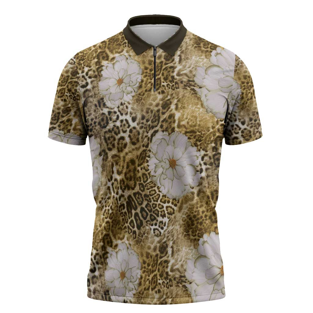 African Leopard Floral Pattern Zipper Polo Shirt Savannah Gold