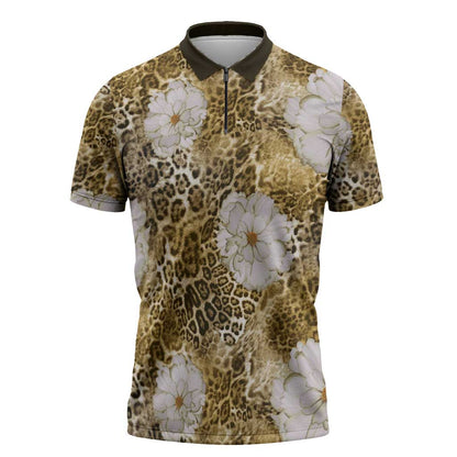 African Leopard Floral Pattern Zipper Polo Shirt Savannah Gold