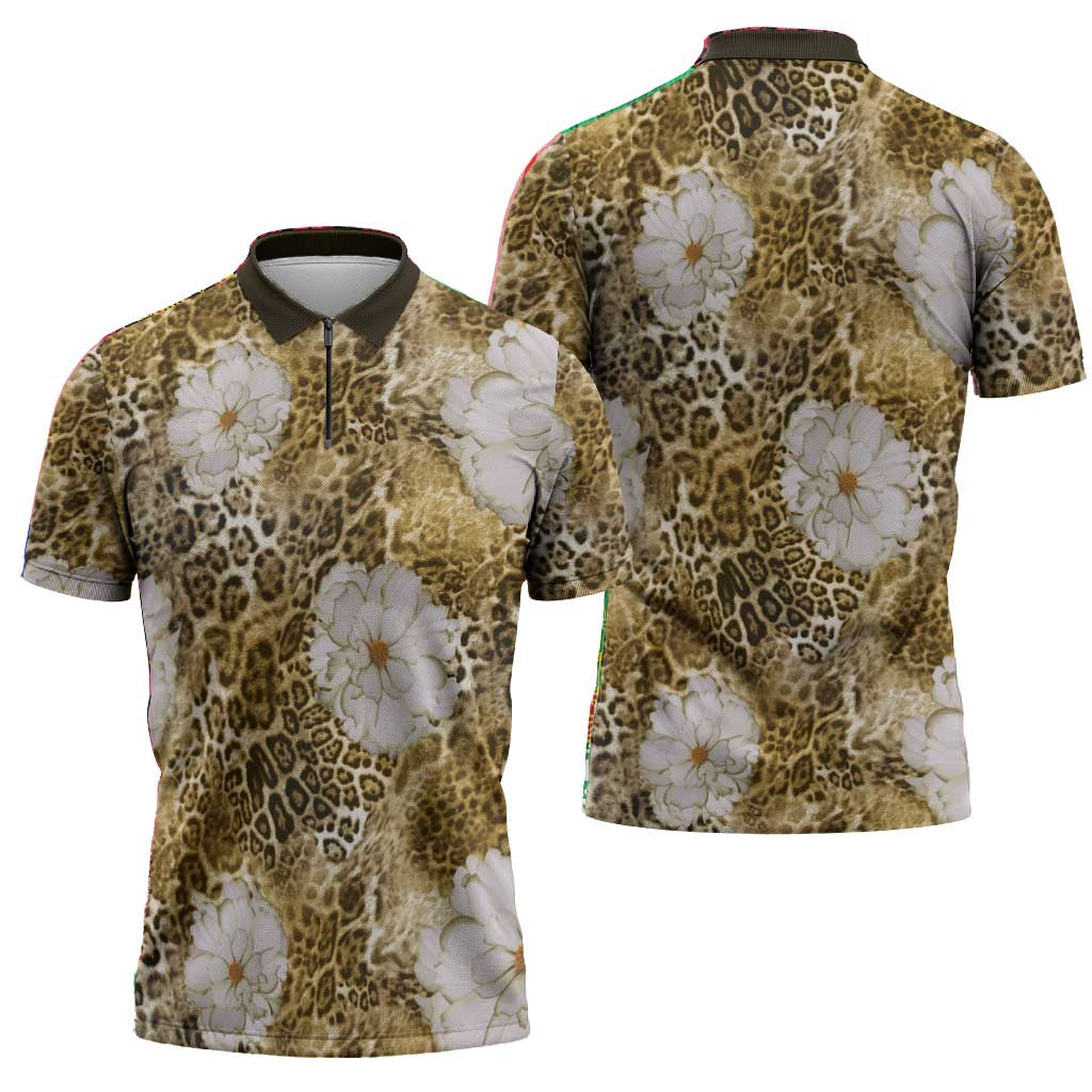 African Leopard Floral Pattern Zipper Polo Shirt Savannah Gold