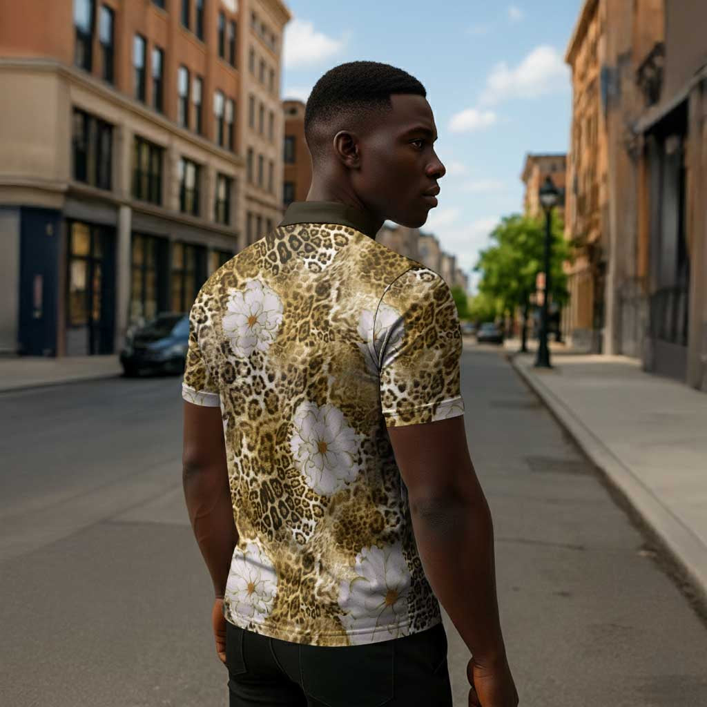 African Leopard Floral Pattern Zipper Polo Shirt Savannah Gold