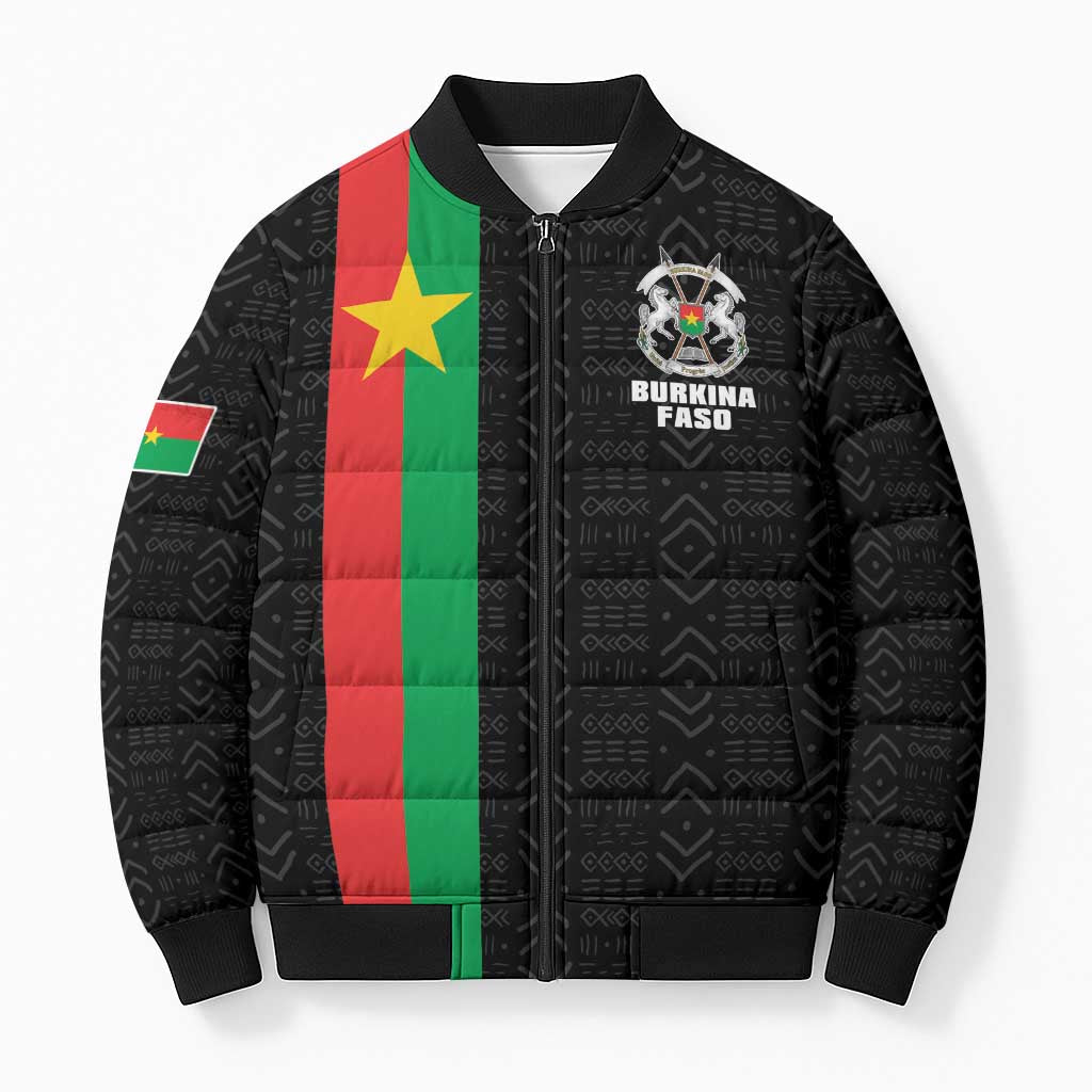 Personalized Burkina Faso Striped Bomber Puffer Jacket African Mud Cloth Pattern - Black