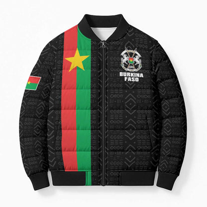 Personalized Burkina Faso Striped Bomber Puffer Jacket African Mud Cloth Pattern - Black