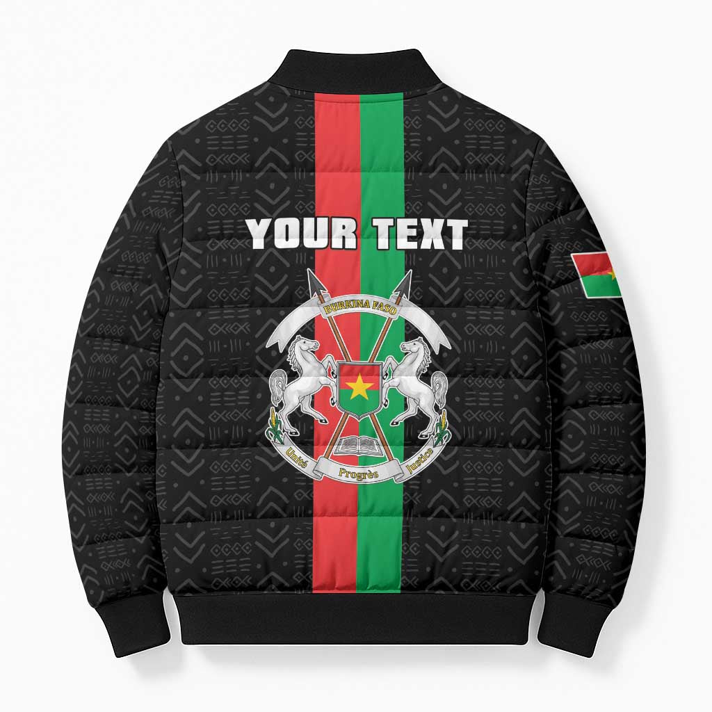 Personalized Burkina Faso Striped Bomber Puffer Jacket African Mud Cloth Pattern - Black