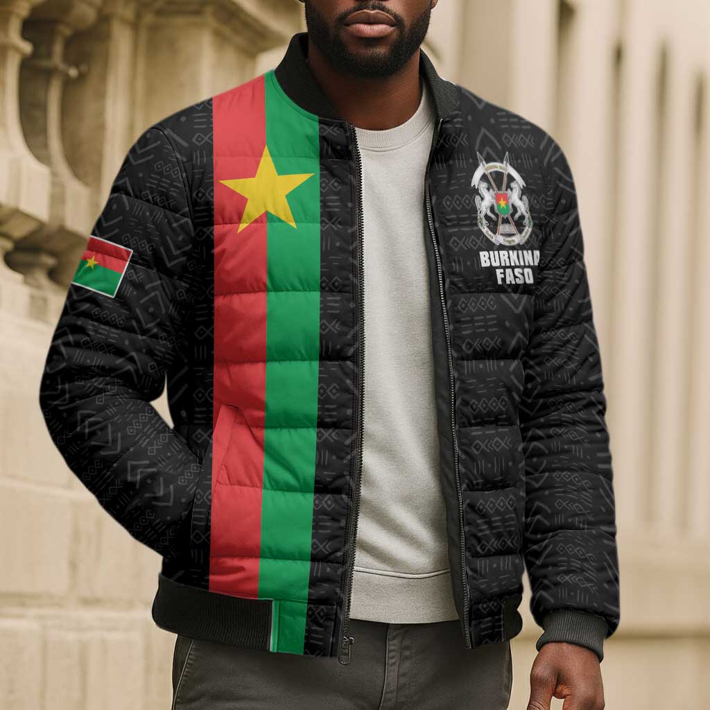 Personalized Burkina Faso Striped Bomber Puffer Jacket African Mud Cloth Pattern - Black