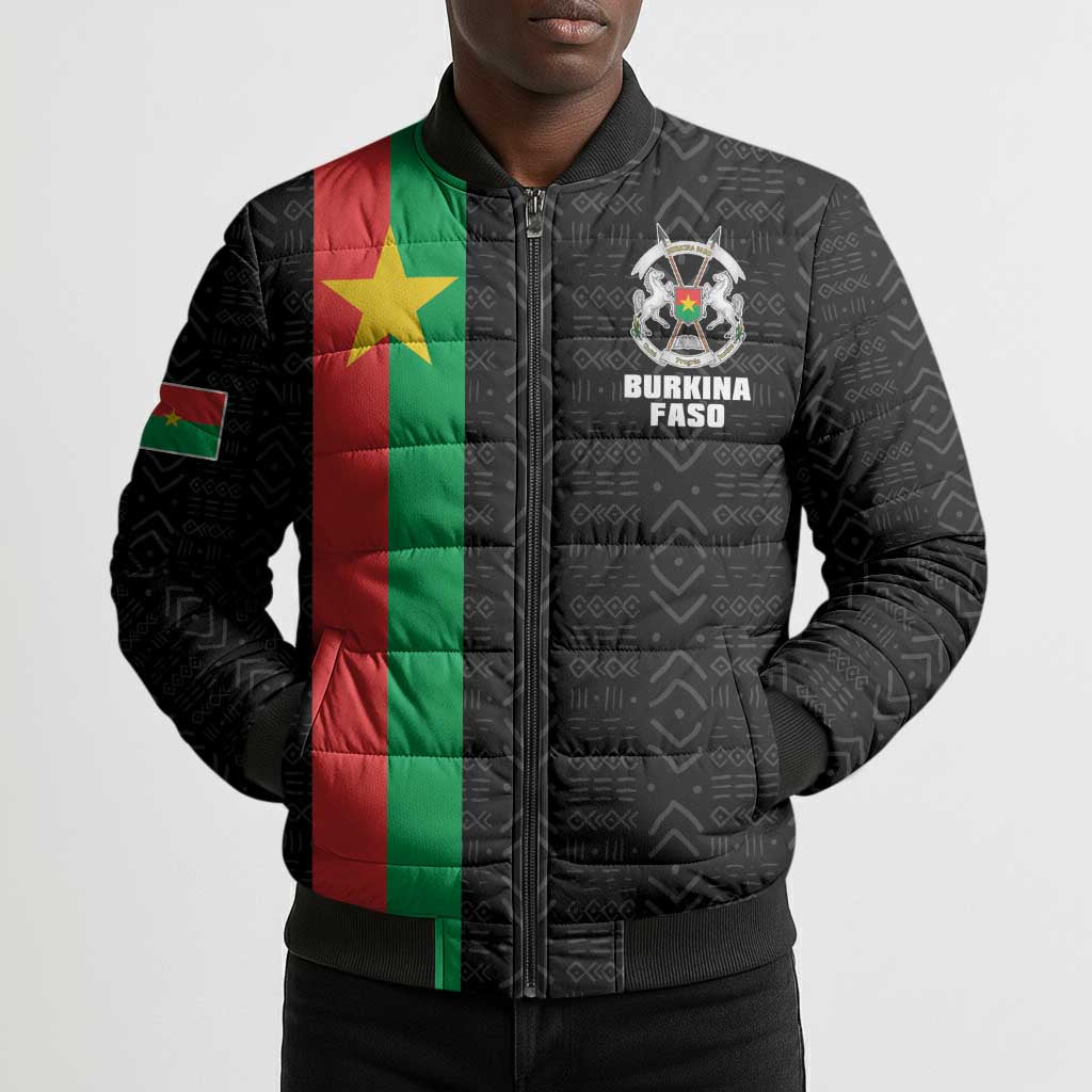 Personalized Burkina Faso Striped Bomber Puffer Jacket African Mud Cloth Pattern - Black