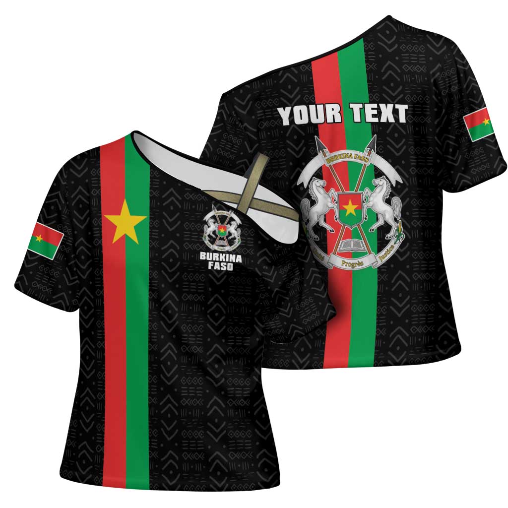 Personalized Burkina Faso Striped Cross Shoulder Shirt African Mud Cloth Pattern - Black