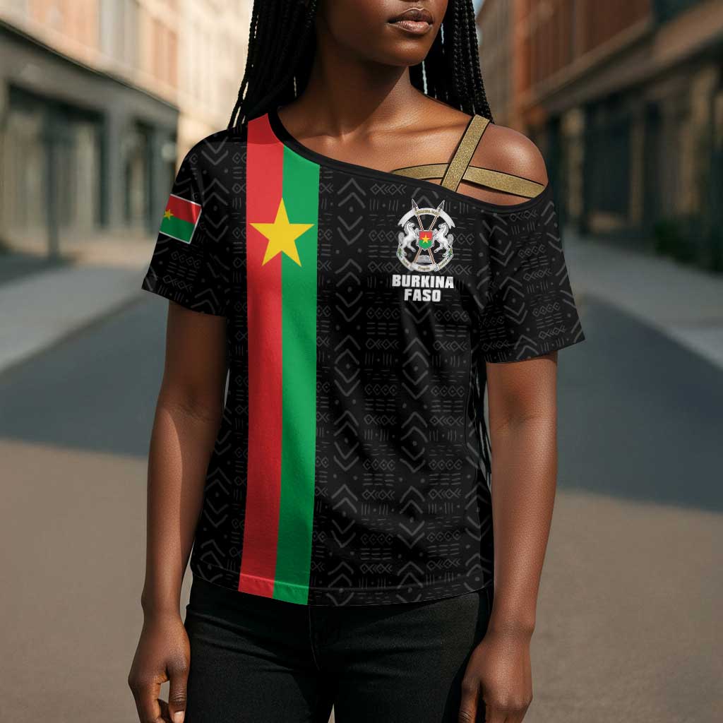 Personalized Burkina Faso Striped Cross Shoulder Shirt African Mud Cloth Pattern - Black