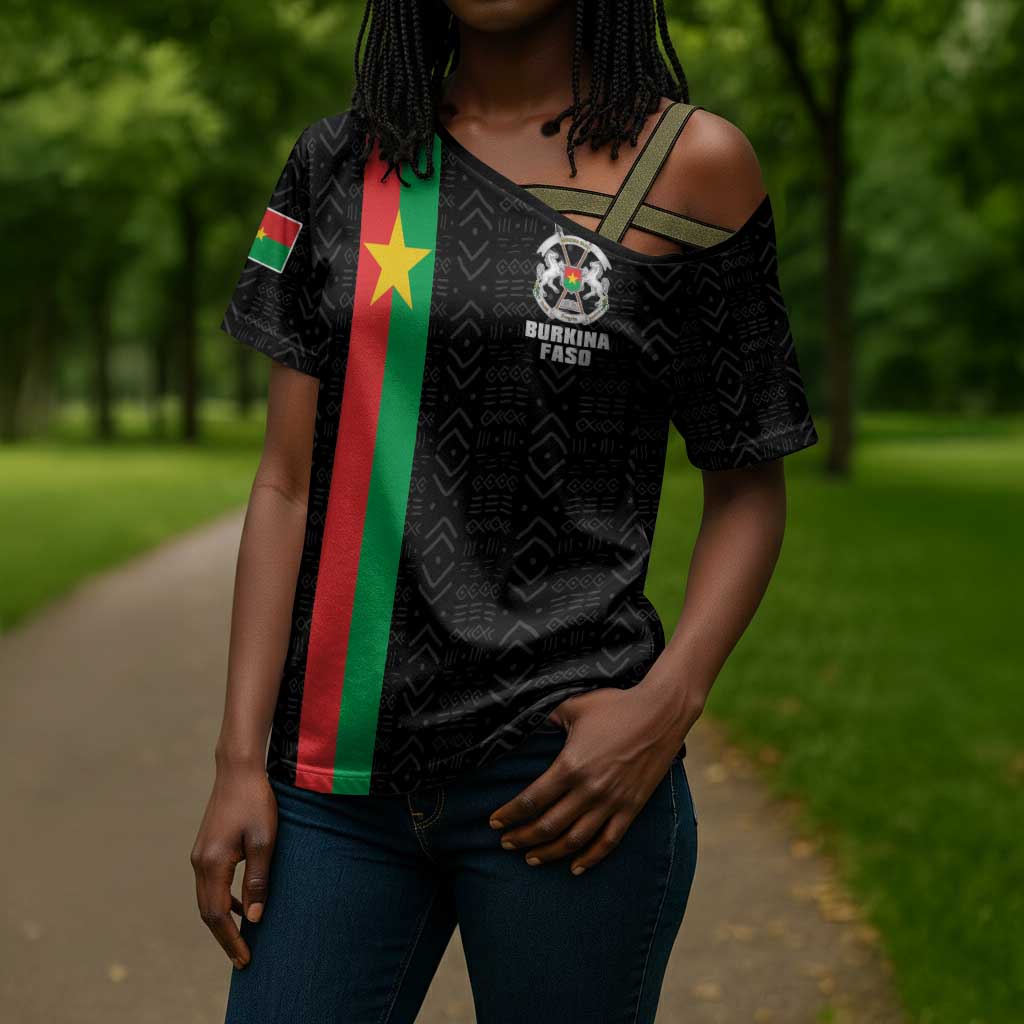 Personalized Burkina Faso Striped Cross Shoulder Shirt African Mud Cloth Pattern - Black