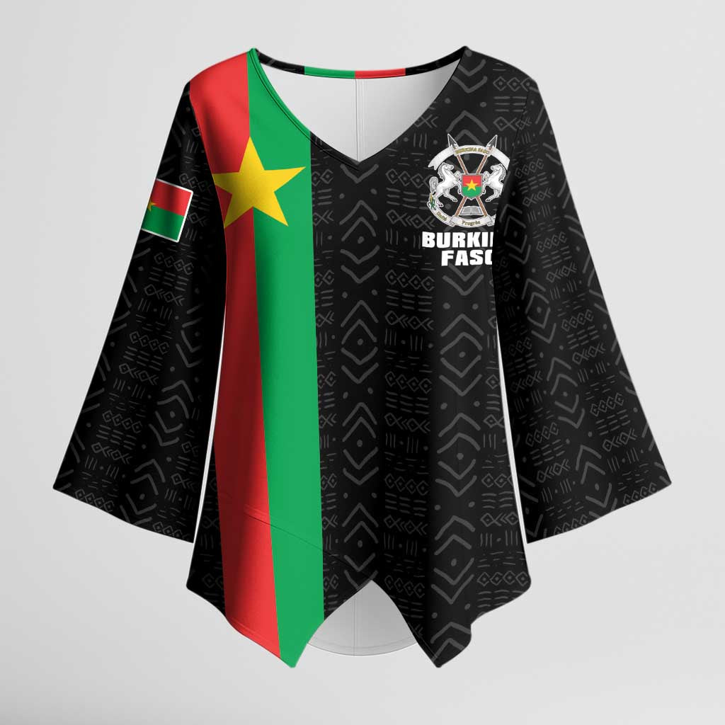 Personalized Burkina Faso Striped Kimono Sleeve Blouse African Mud Cloth Pattern - Black