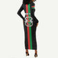 Personalized Burkina Faso Long Sleeve Bodycon Dress Striped Black - Bogolan Pattern - African Pride