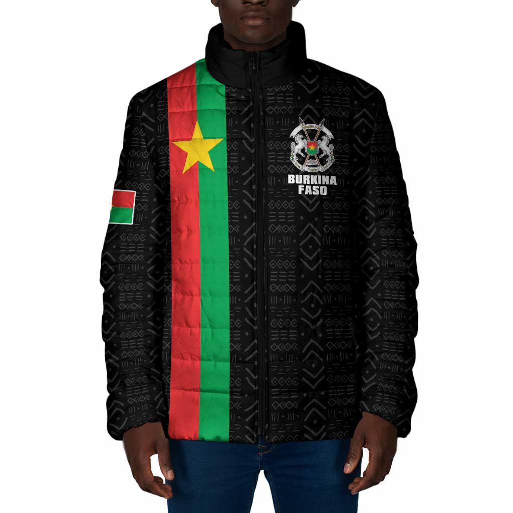 Personalized Burkina Faso Striped Padded Jacket African Mud Cloth Pattern - Black