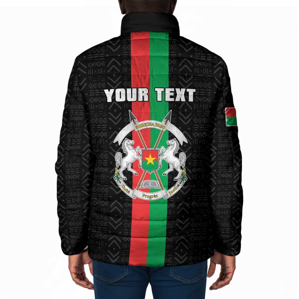 Personalized Burkina Faso Striped Padded Jacket African Mud Cloth Pattern - Black