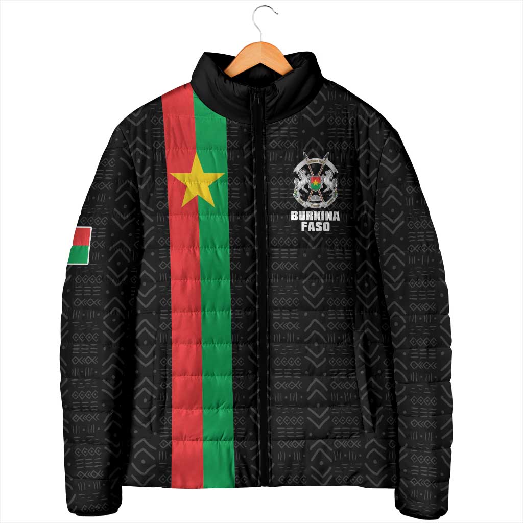 Personalized Burkina Faso Striped Padded Jacket African Mud Cloth Pattern - Black