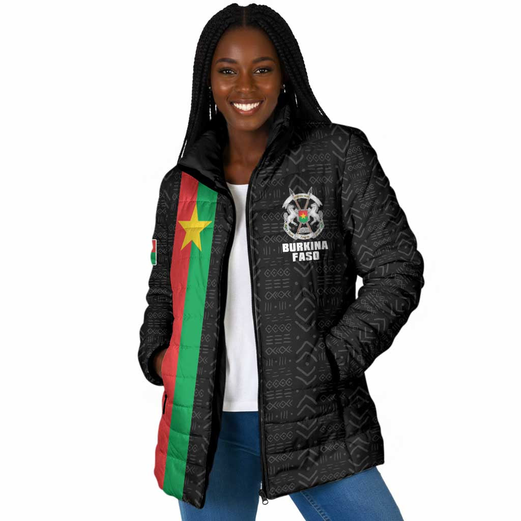 Personalized Burkina Faso Striped Padded Jacket African Mud Cloth Pattern - Black