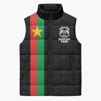 Personalized Burkina Faso Striped Sleeveless Puffer Jacket African Mud Cloth Pattern - Black