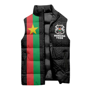 Personalized Burkina Faso Striped Sleeveless Puffer Jacket African Mud Cloth Pattern - Black