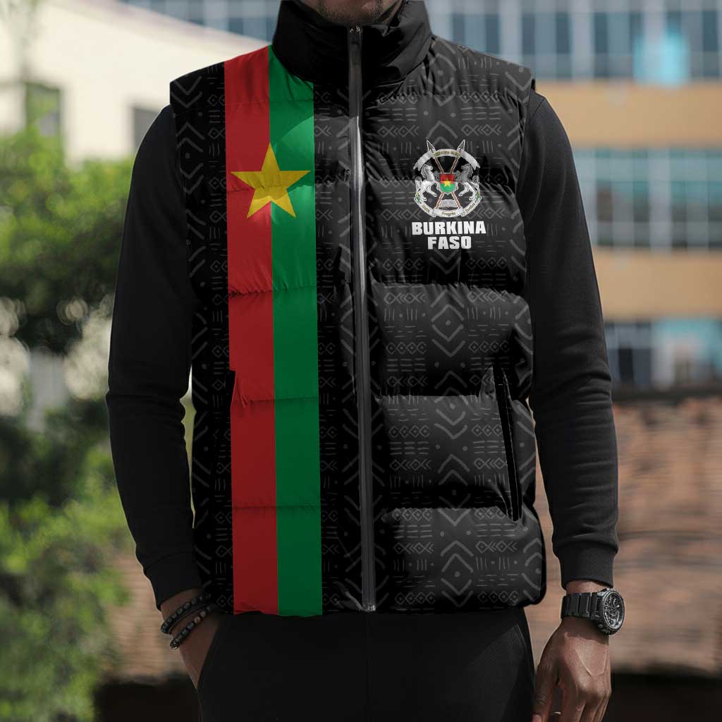 Personalized Burkina Faso Striped Sleeveless Puffer Jacket African Mud Cloth Pattern - Black