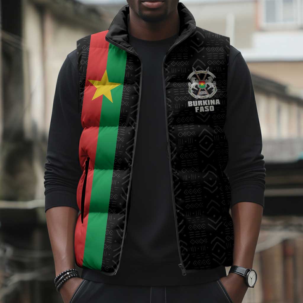 Personalized Burkina Faso Striped Sleeveless Puffer Jacket African Mud Cloth Pattern - Black