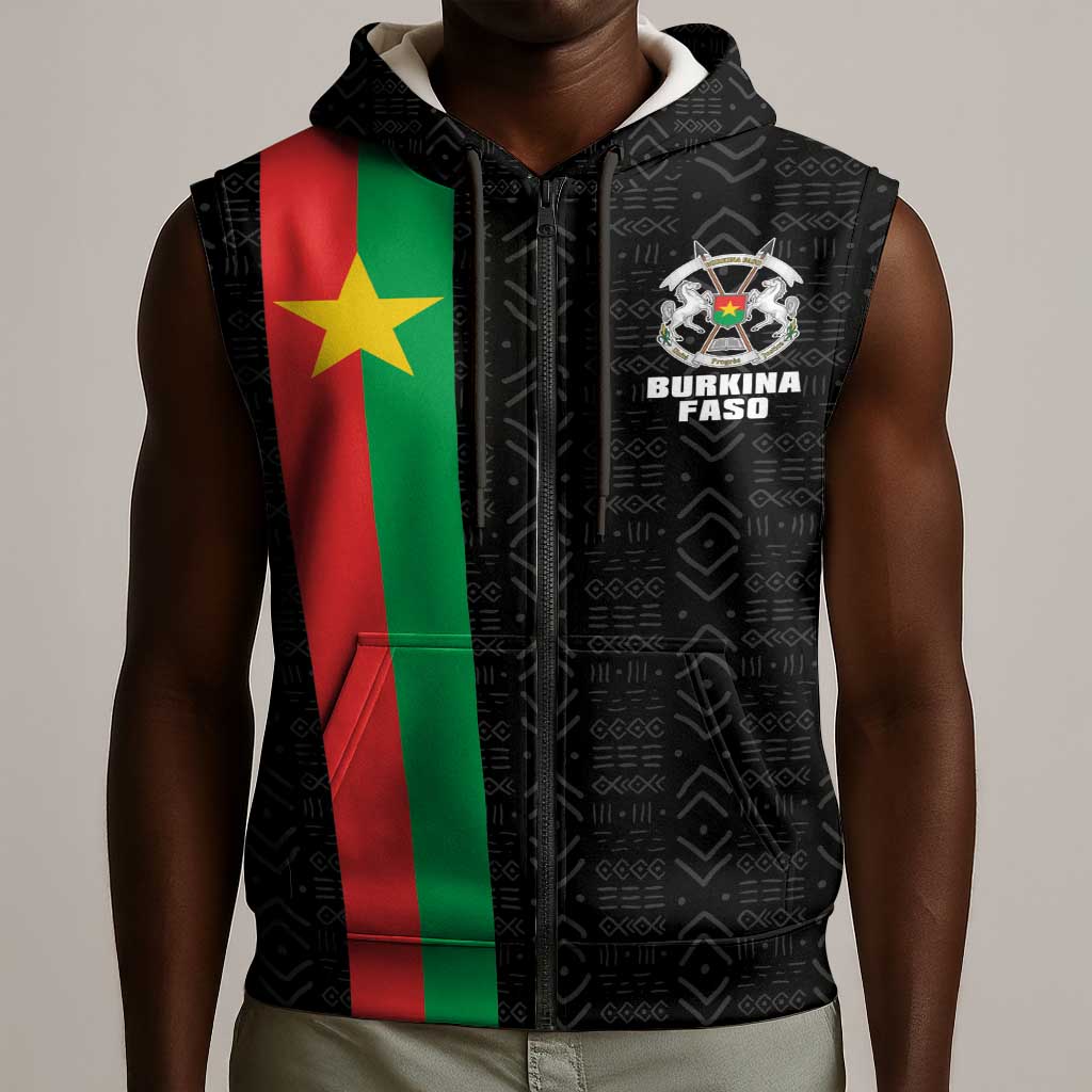 Personalized Burkina Faso Sleeveless Zip Hoodie Striped Black - Bogolan Pattern - African Pride