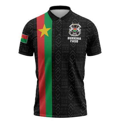 Personalized Burkina Faso Striped Zipper Polo Shirt African Mud Cloth Pattern - Black
