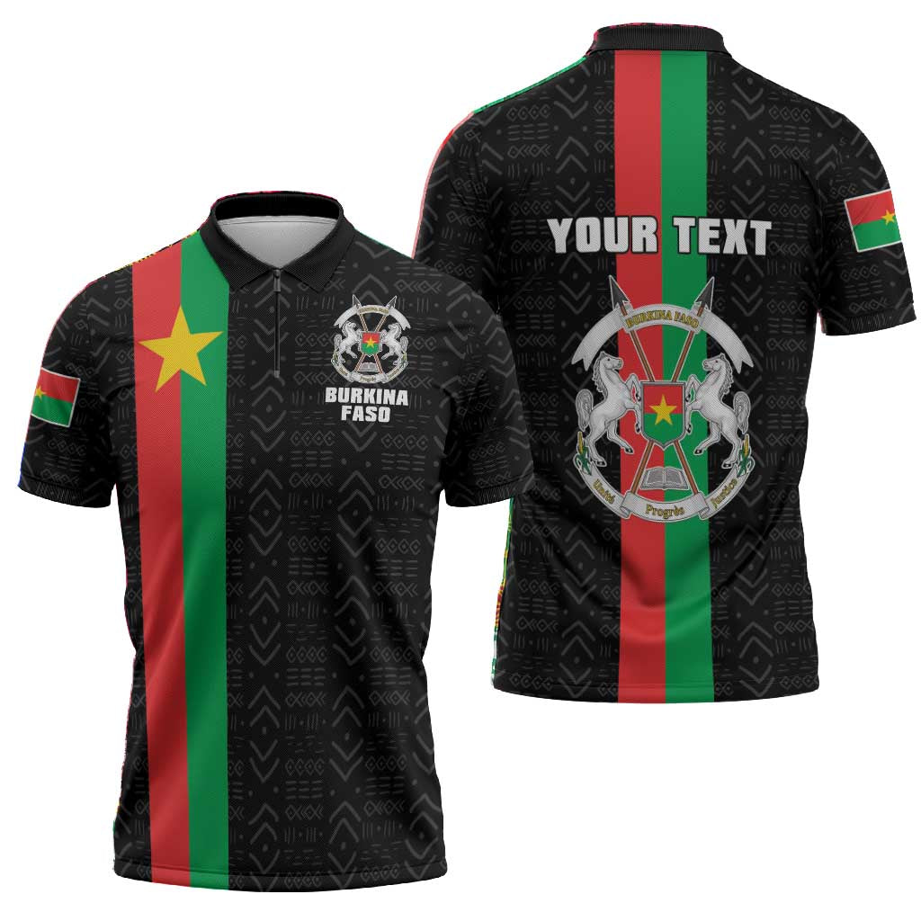 Personalized Burkina Faso Striped Zipper Polo Shirt African Mud Cloth Pattern - Black
