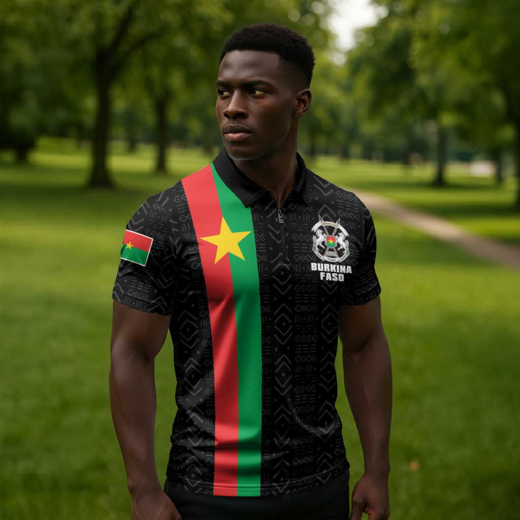 Personalized Burkina Faso Striped Zipper Polo Shirt African Mud Cloth Pattern - Black