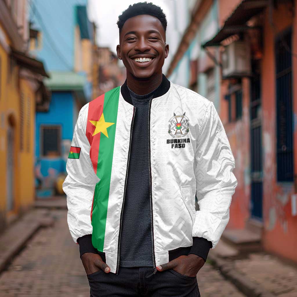 Personalized Burkina Faso Bomber Jacket Striped White - Bogolan Pattern - African Pride