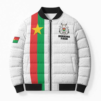 Personalized Burkina Faso Striped Bomber Puffer Jacket African Mud Cloth Pattern - White