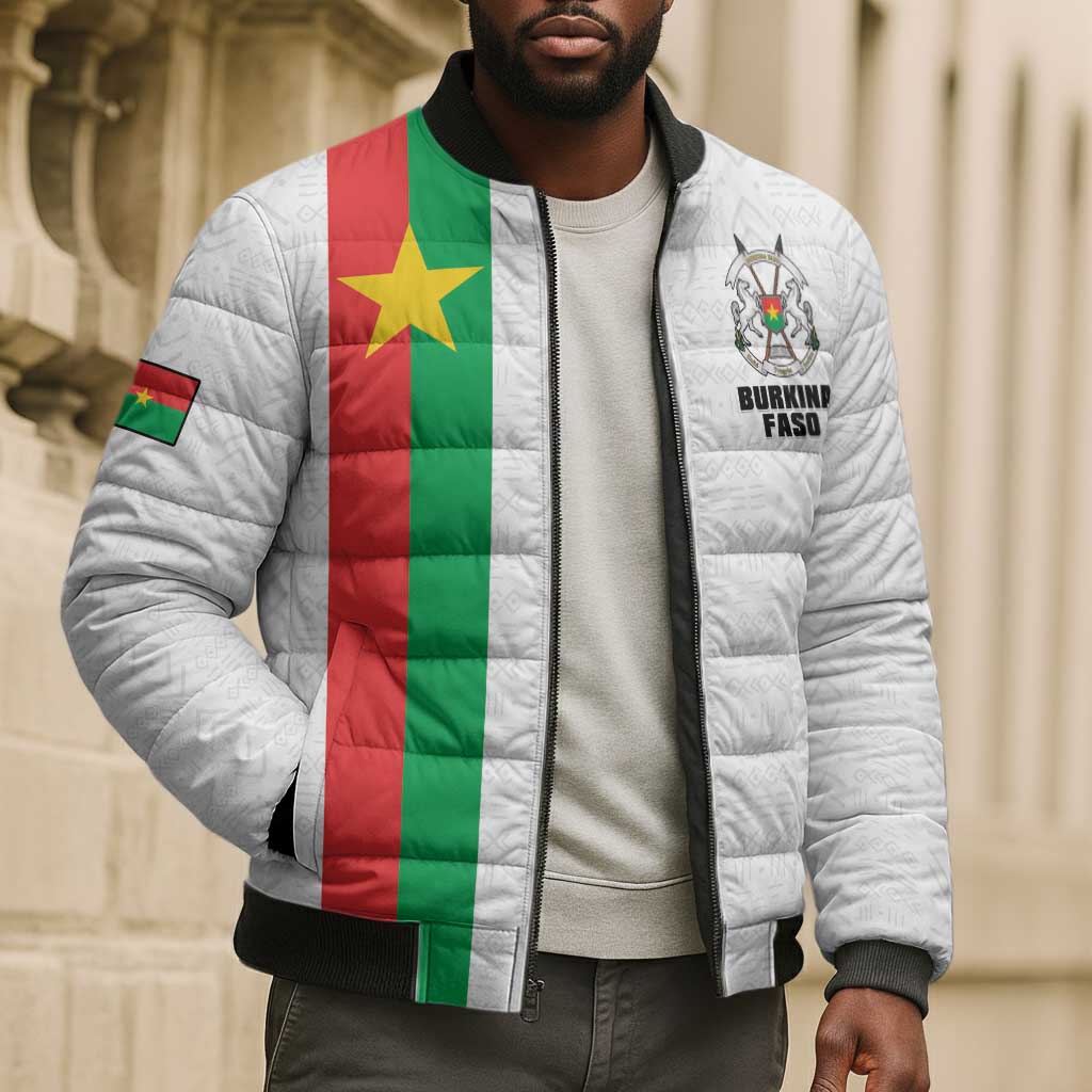 Personalized Burkina Faso Striped Bomber Puffer Jacket African Mud Cloth Pattern - White