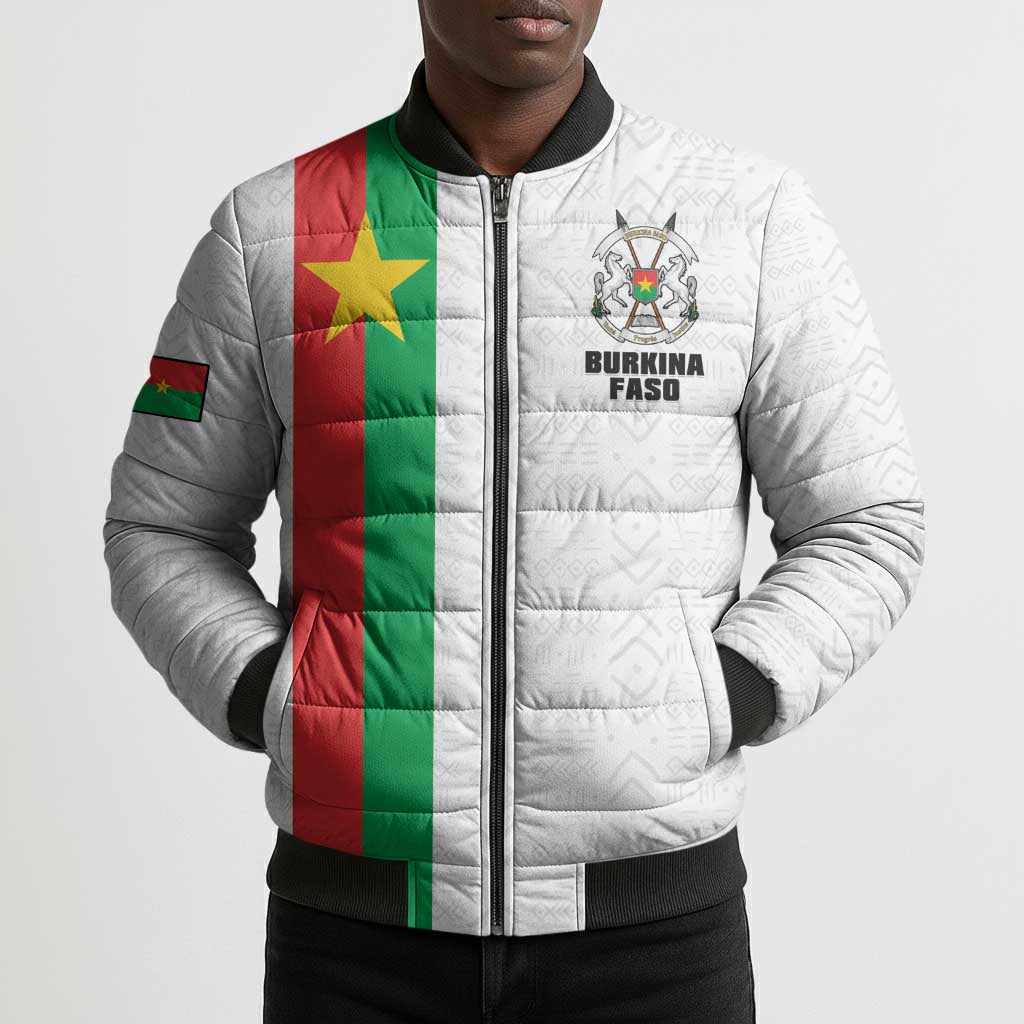 Personalized Burkina Faso Striped Bomber Puffer Jacket African Mud Cloth Pattern - White