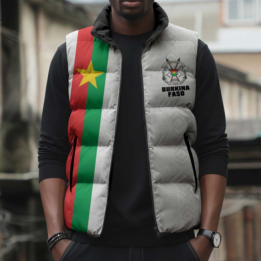 Personalized Burkina Faso Striped Sleeveless Puffer Jacket African Mud Cloth Pattern - White