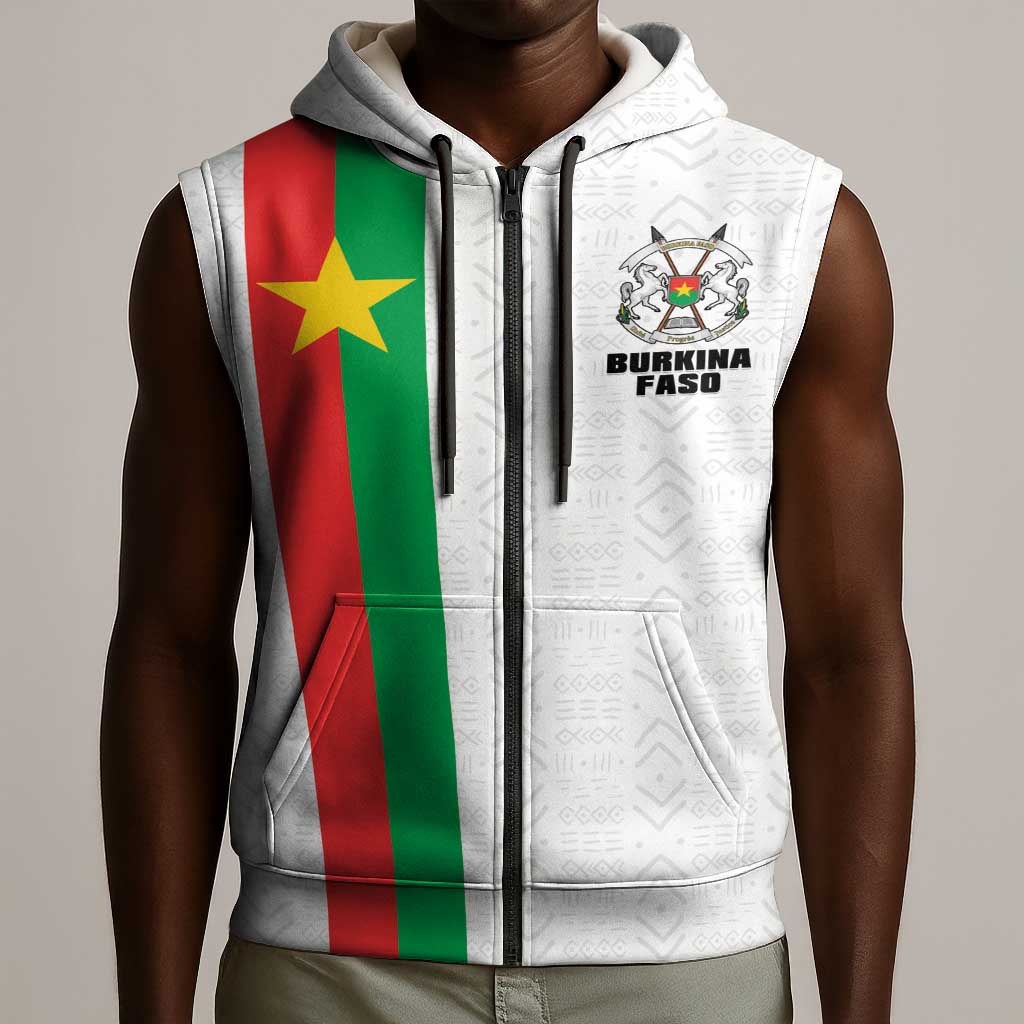 Personalized Burkina Faso Sleeveless Zip Hoodie Striped White - Bogolan Pattern - African Pride