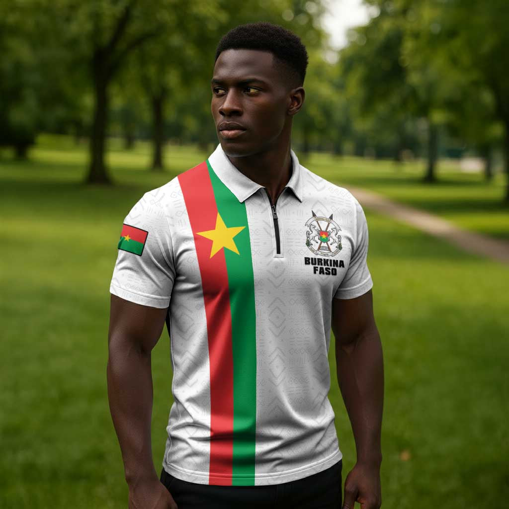 Personalized Burkina Faso Striped Zipper Polo Shirt African Mud Cloth Pattern - White