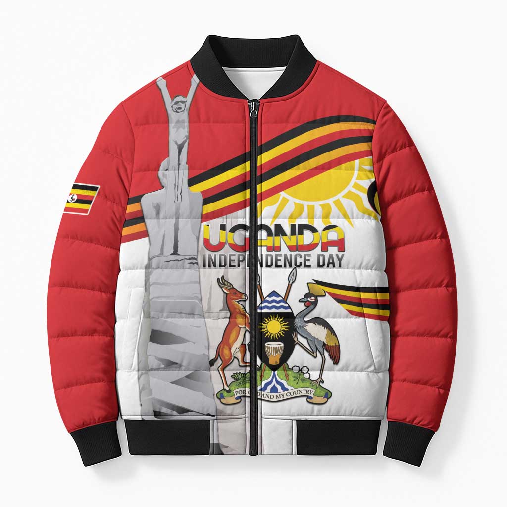 Personalized Uganda Independence Day Bomber Puffer Jacket Independence Monument - Coat Of Arms