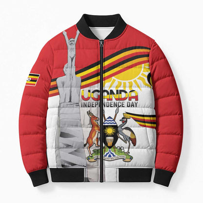 Personalized Uganda Independence Day Bomber Puffer Jacket Independence Monument - Coat Of Arms