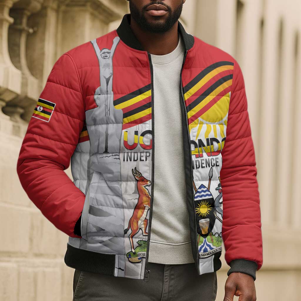 Personalized Uganda Independence Day Bomber Puffer Jacket Independence Monument - Coat Of Arms