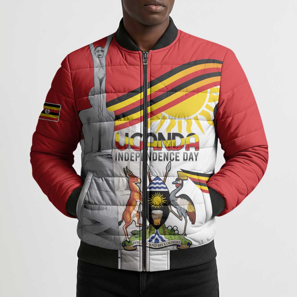 Personalized Uganda Independence Day Bomber Puffer Jacket Independence Monument - Coat Of Arms