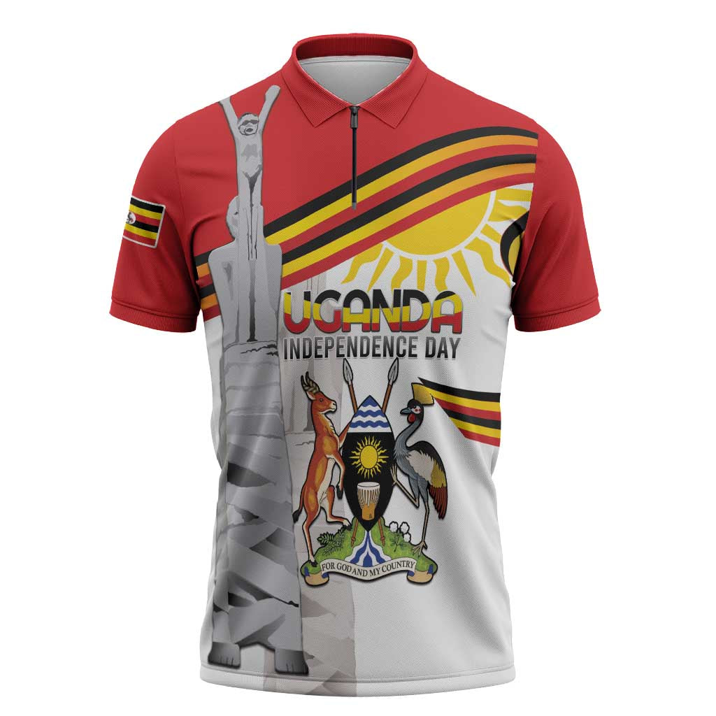 Personalized Uganda Independence Day Zipper Polo Shirt Independence Monument - Coat Of Arms
