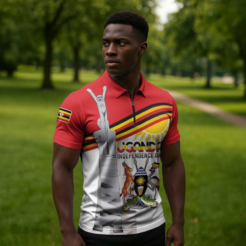 Personalized Uganda Independence Day Zipper Polo Shirt Independence Monument - Coat Of Arms