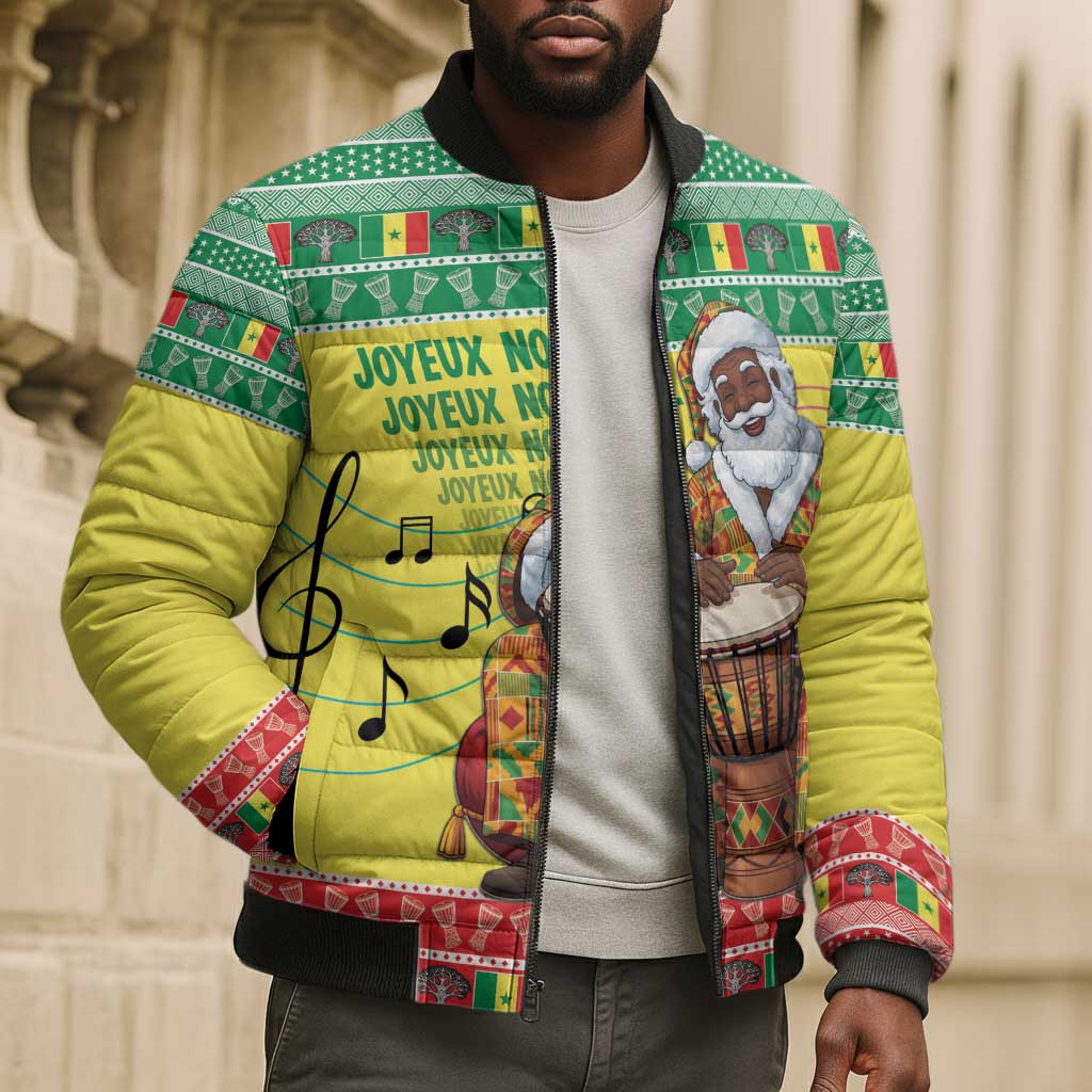 Senegal Christmas Bomber Puffer Jacket Black Santa Playing Djembe Drum