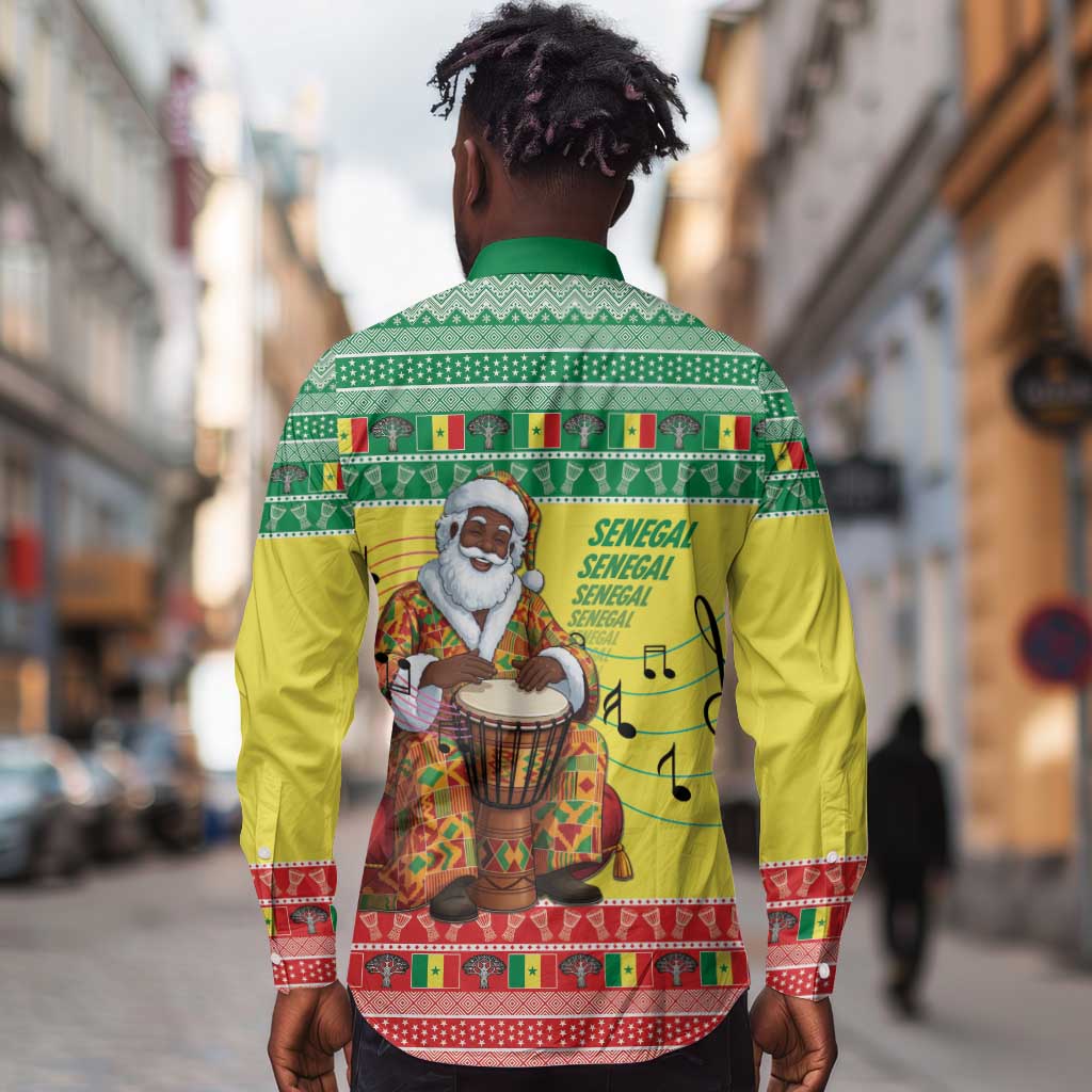 Afro Chirstmas in Senegal Long Sleeve Button Shirt Black Santa Playing Djembe Drum - African Pride