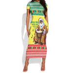 Afro Chirstmas in Senegal Short Sleeve Bodycon Dress Black Santa Playing Djembe Drum - African Pride
