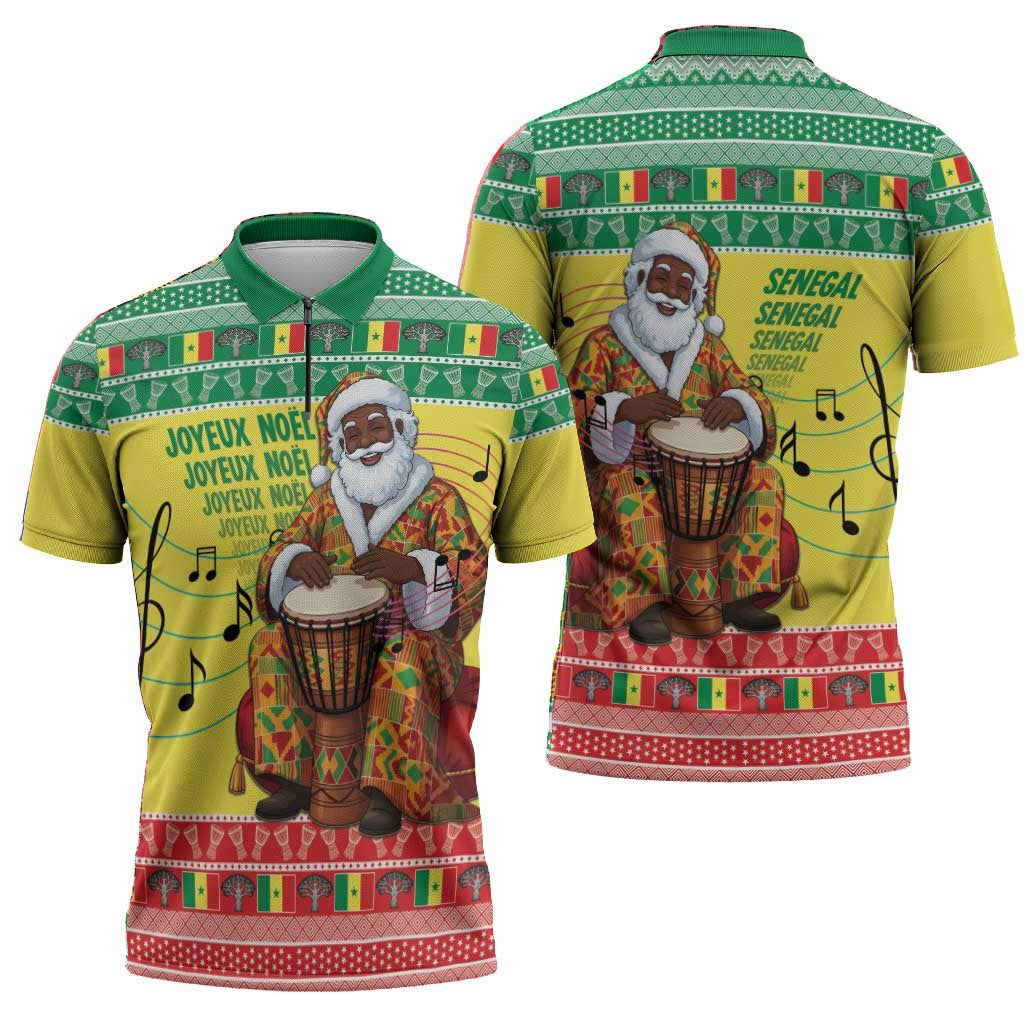 Senegal Christmas Zipper Polo Shirt Black Santa Playing Djembe Drum