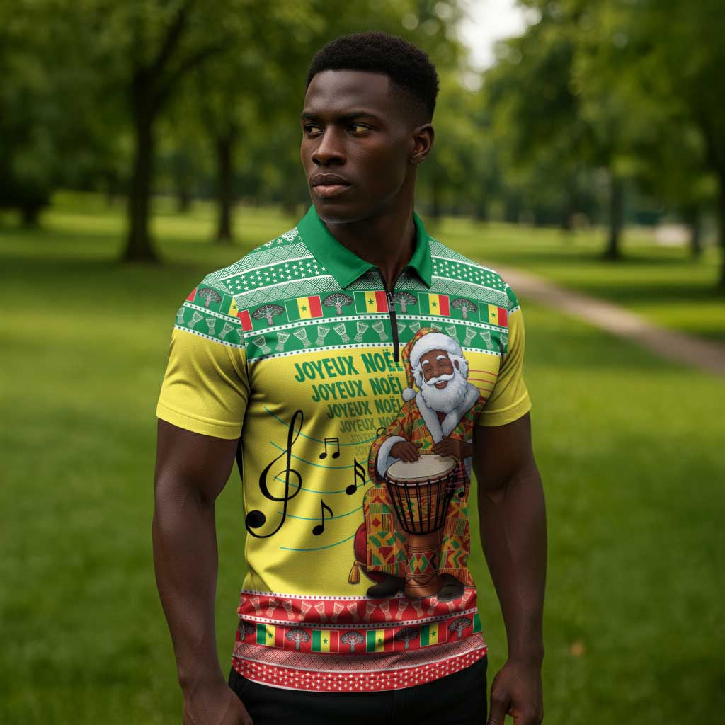 Senegal Christmas Zipper Polo Shirt Black Santa Playing Djembe Drum