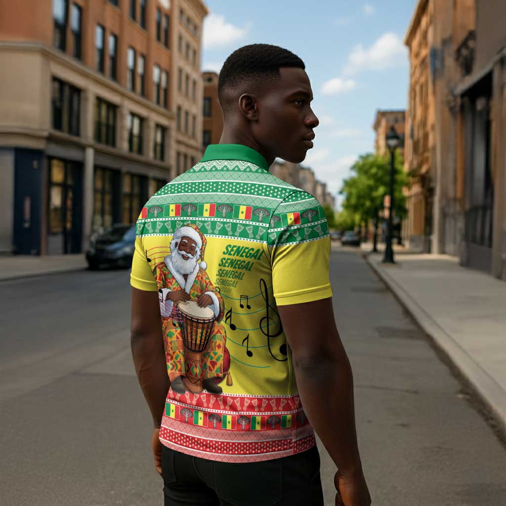 Senegal Christmas Zipper Polo Shirt Black Santa Playing Djembe Drum