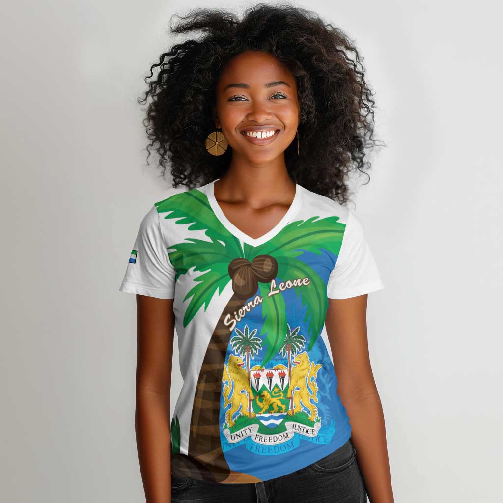 Personalised Afro Sierra Leone Women V-Neck T-Shirt Coat Of Arms With Flag Map