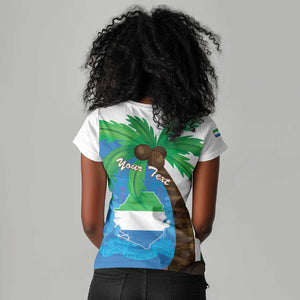 Personalised Afro Sierra Leone Women V-Neck T-Shirt Coat Of Arms With Flag Map