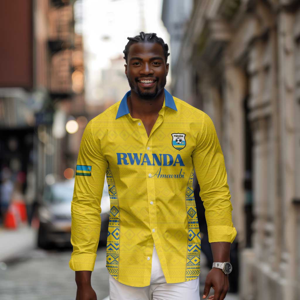 Rwanda Football Custom Long Sleeve Button Shirt Stand With Amavubi - Yellow - African Pride