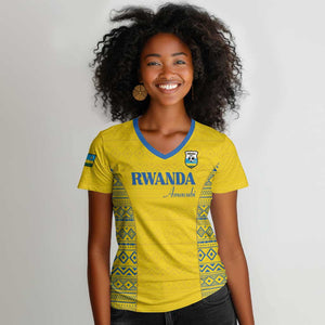 Rwanda Football Custom Women V-Neck T-Shirt Stand With Amavubi - Yellow LT15