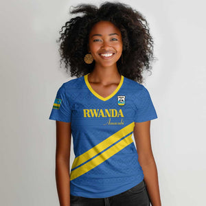 Custom Rwanda Football Women V-Neck T-Shirt Pride Of Rwanda - Blue LT15